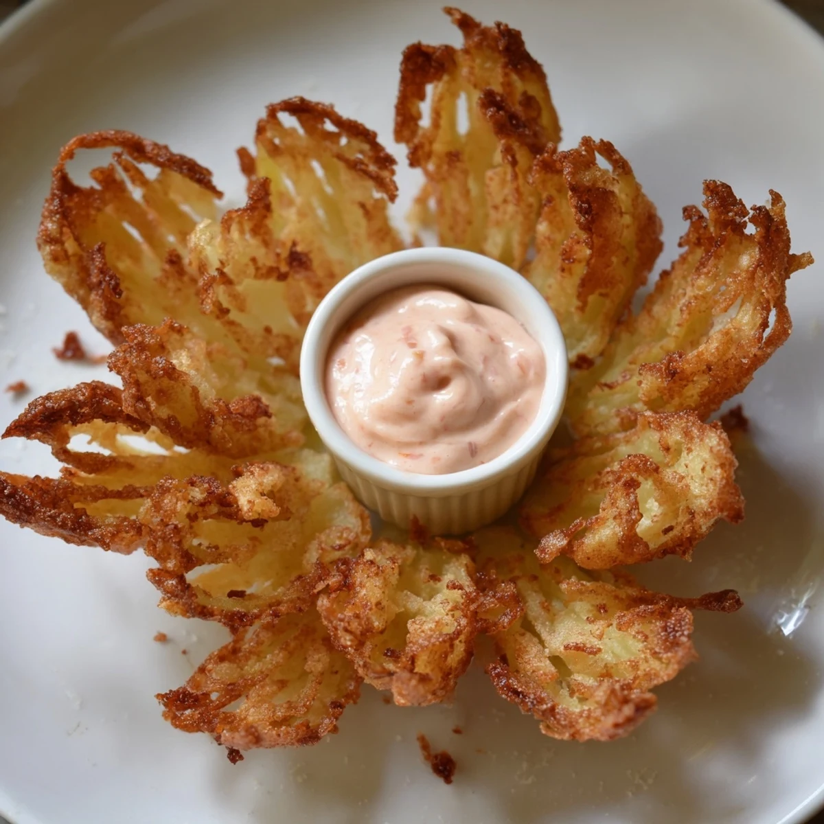 Crispy Mini Bloomin Onions Recipe shown golden, crunchy petals steaming beside dipping sauce.