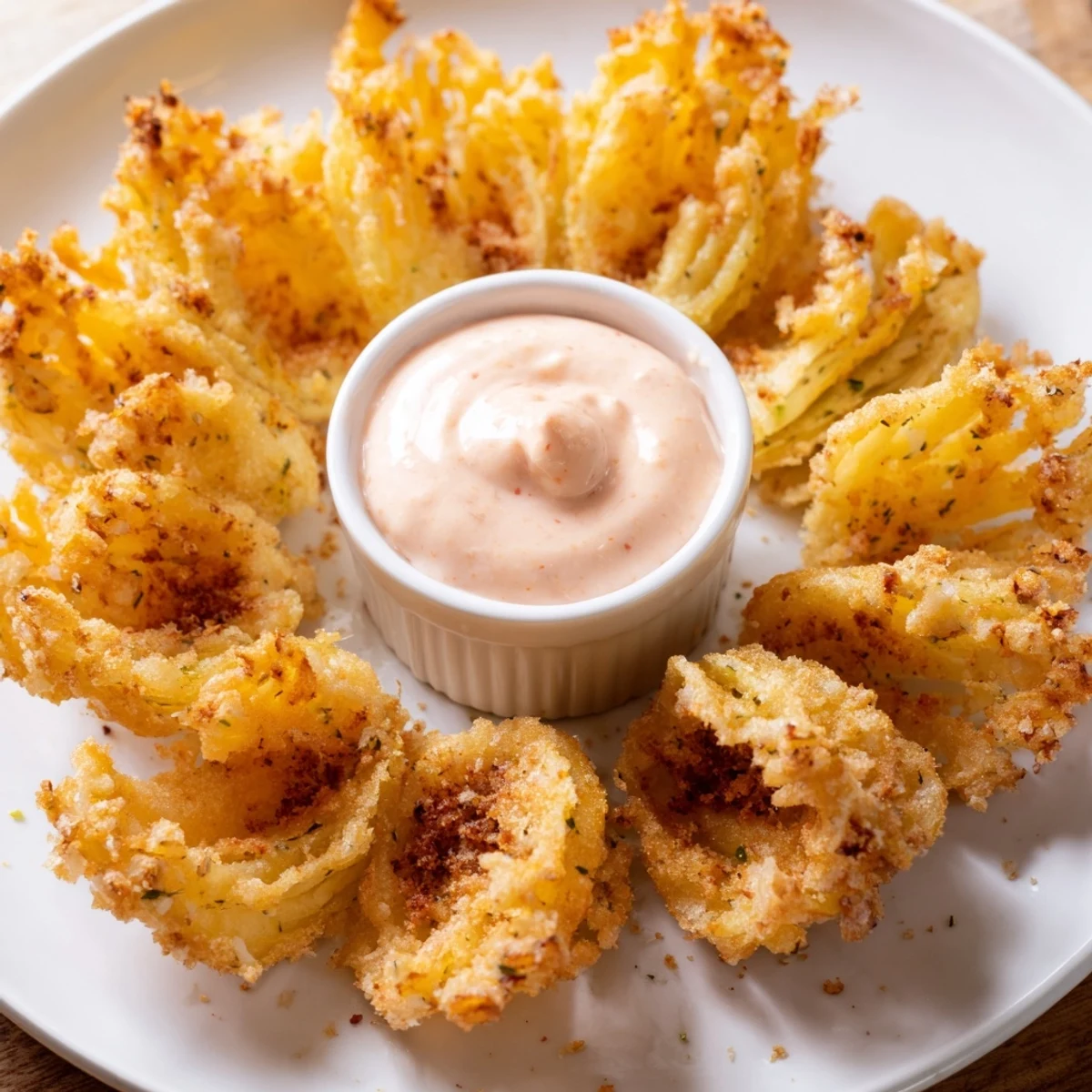 Plate of Crispy Mini Bloomin Onions Recipe, crisp edges, tangy horseradish sauce.