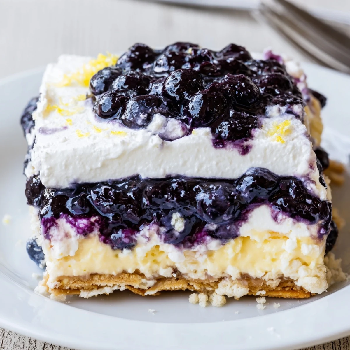 Lemon Blueberry Lasagna Recipe with creamy lemon layers, juicy blueberries, chilled slice