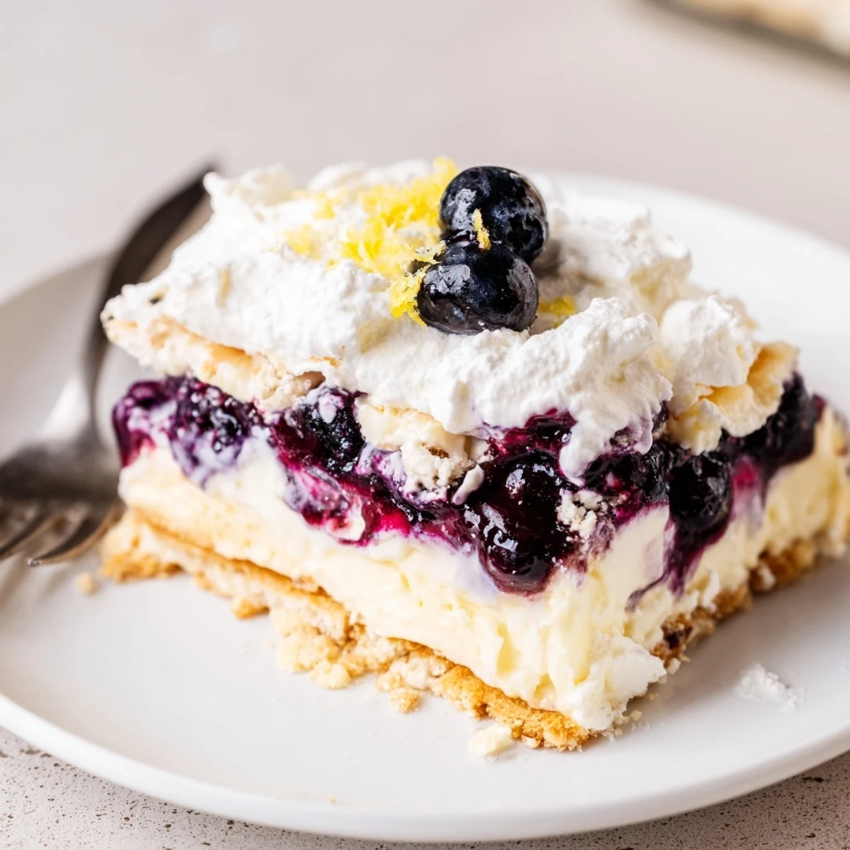 No bake Lemon Blueberry Lasagna Recipe topped with whipped cream, lemon zest