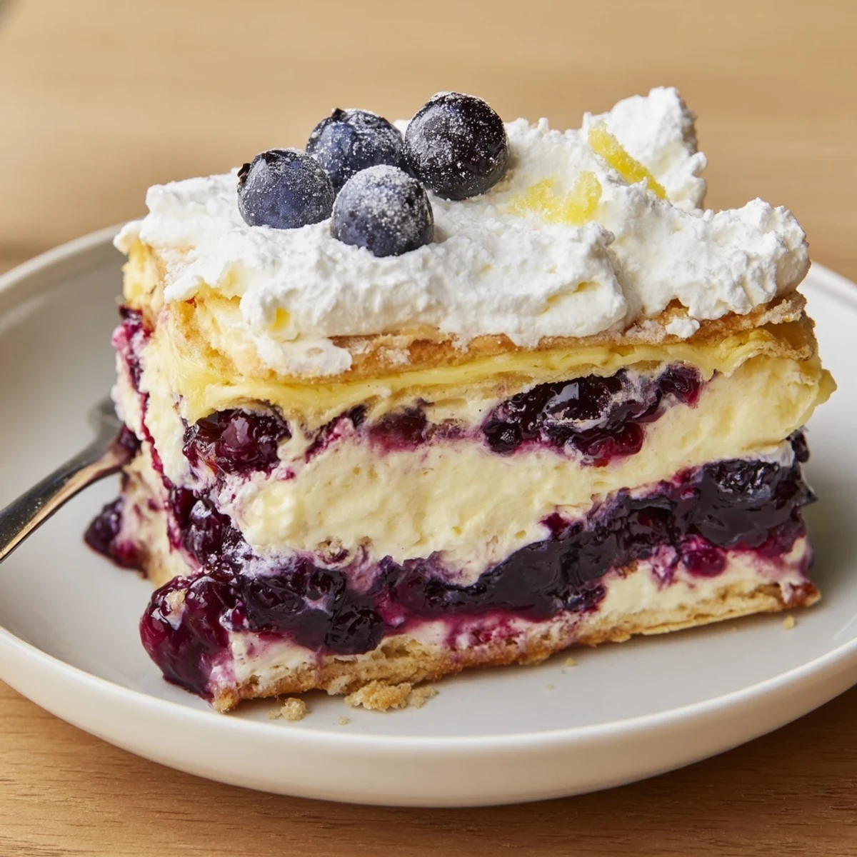 Chilled Lemon Blueberry Lasagna Recipe on buttery vanilla wafer crust, served with lemonade