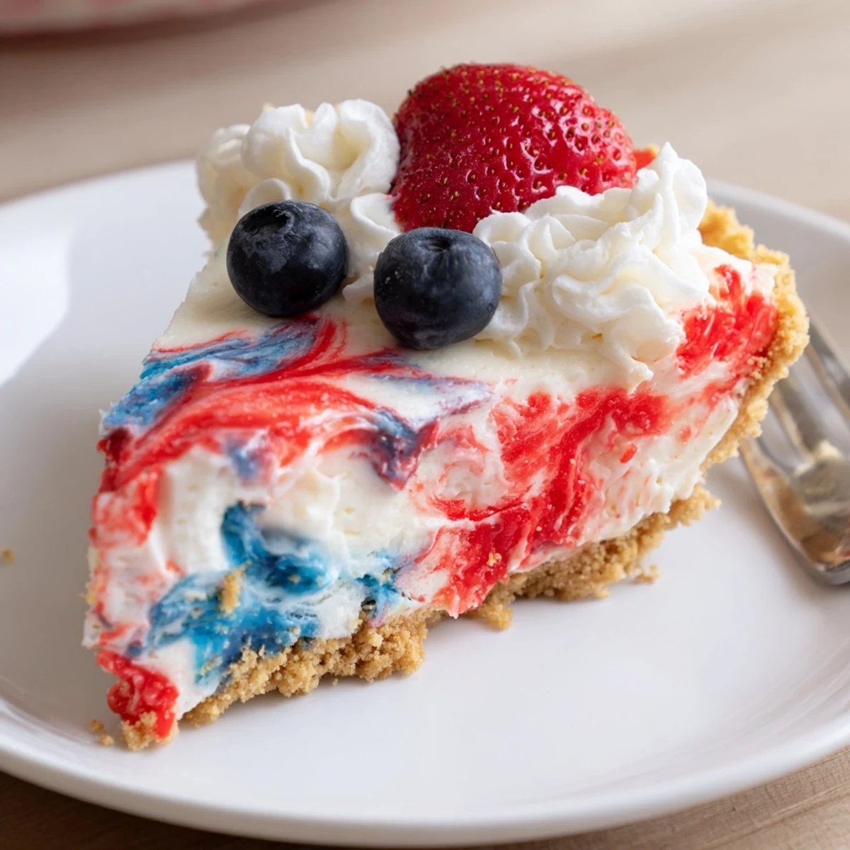 Patriotic Red White And Blue Swirl Pie with glossy red and blue creamy swirls