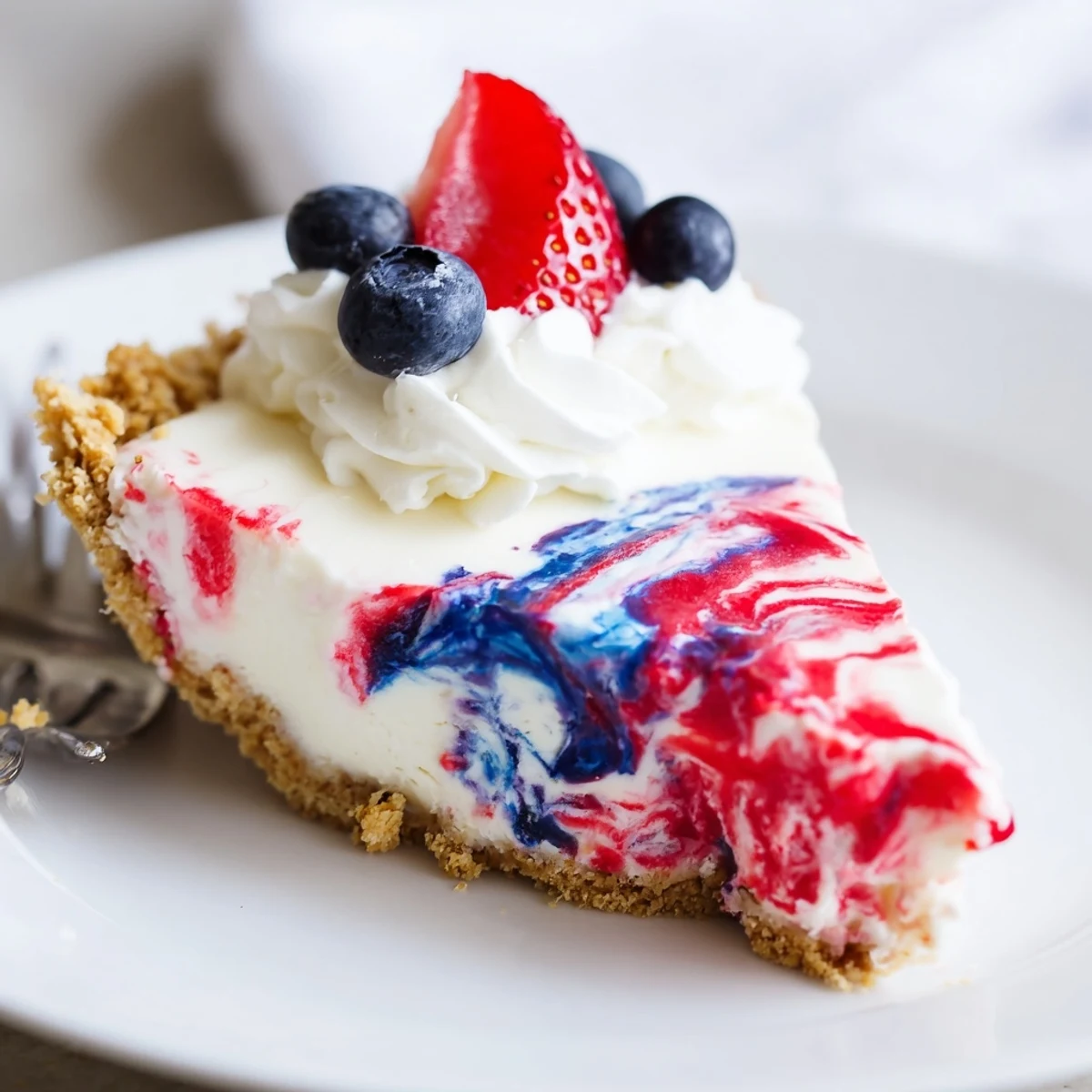 Chilled Patriotic Red White And Blue Swirl Pie garnished with strawberries and blueberries