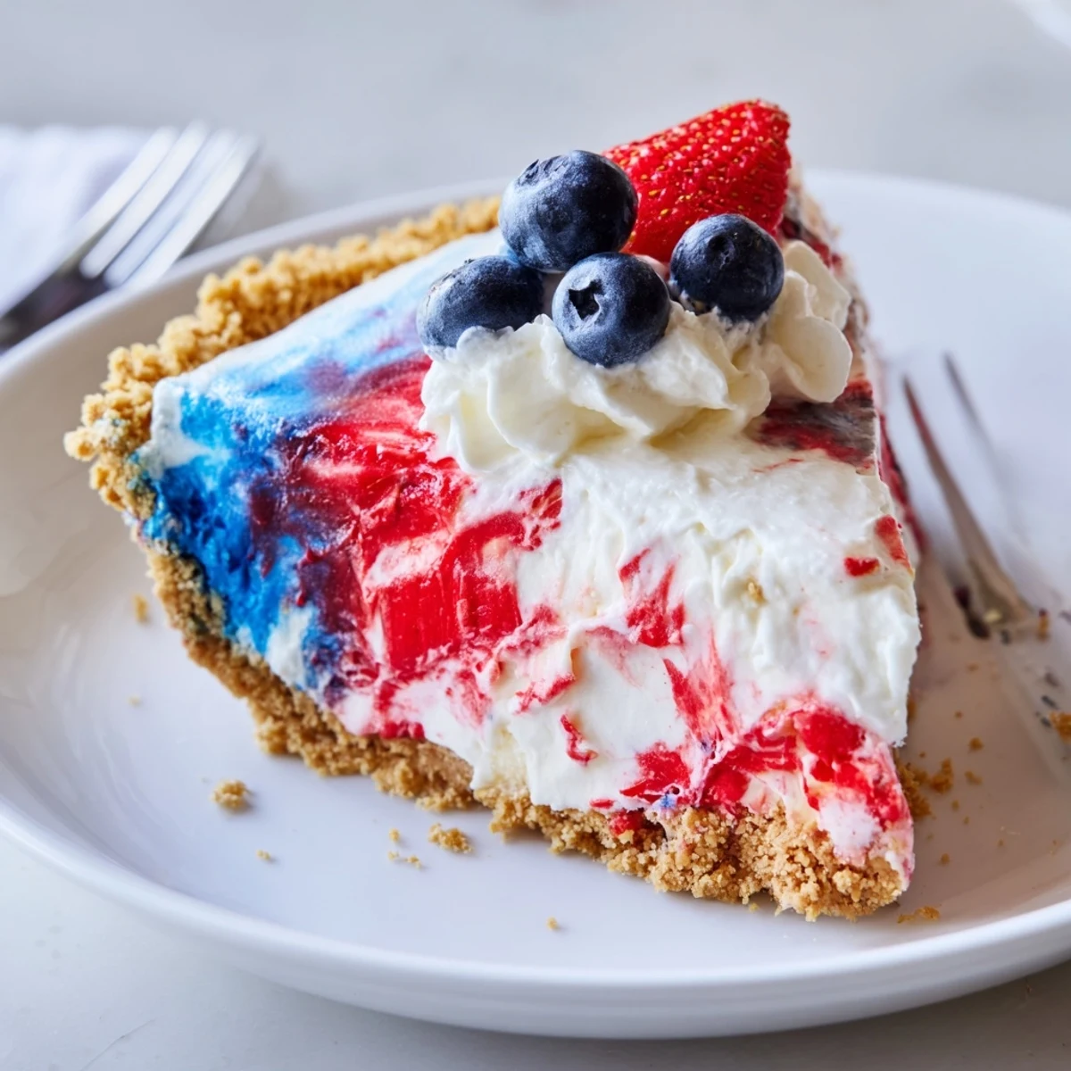 Slice of Patriotic Red White And Blue Swirl Pie showing marbled cream texture