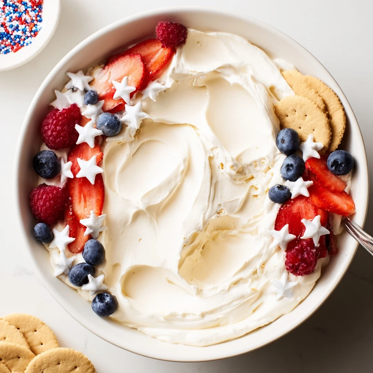 Flag-patterned dessert dip ready to scoop — How To Make Star Spangled Cheesecake Dip.