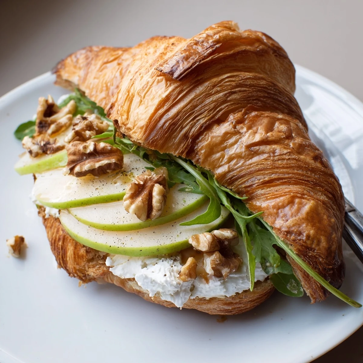 Toasted Apple Goat Cheese Croissant Sandwich layered with arugula, walnuts, black pepper