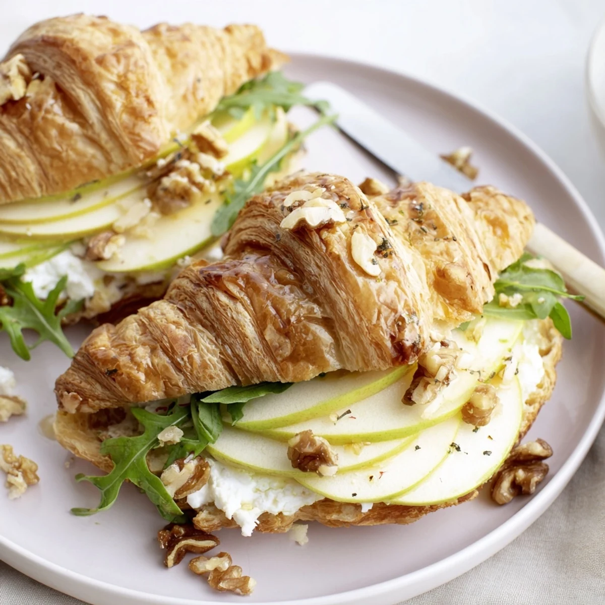 Brunch-ready Apple Goat Cheese Croissant Sandwich on wooden board beside teacup