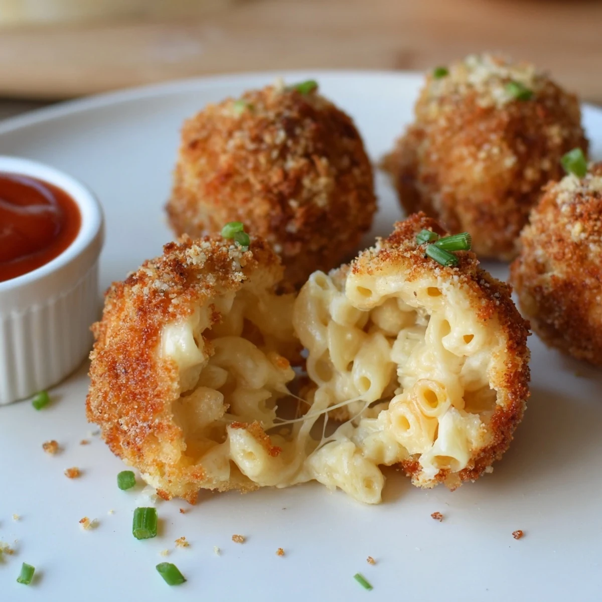 Plate of Fried Mac And Cheese Bites with marinara and creamy ranch.