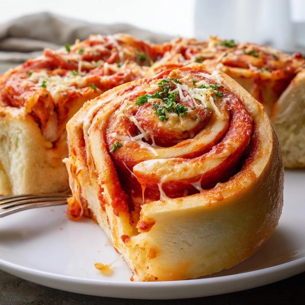 Fresh Homemade Pizza Rolls sliced open to reveal marinara and melted cheese.