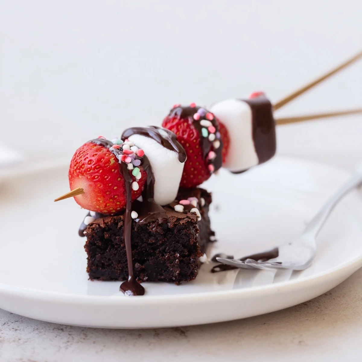Skewered Sweet Strawberry Brownie Kabobs with juicy strawberries, pillowy marshmallows, colorful sprinkles