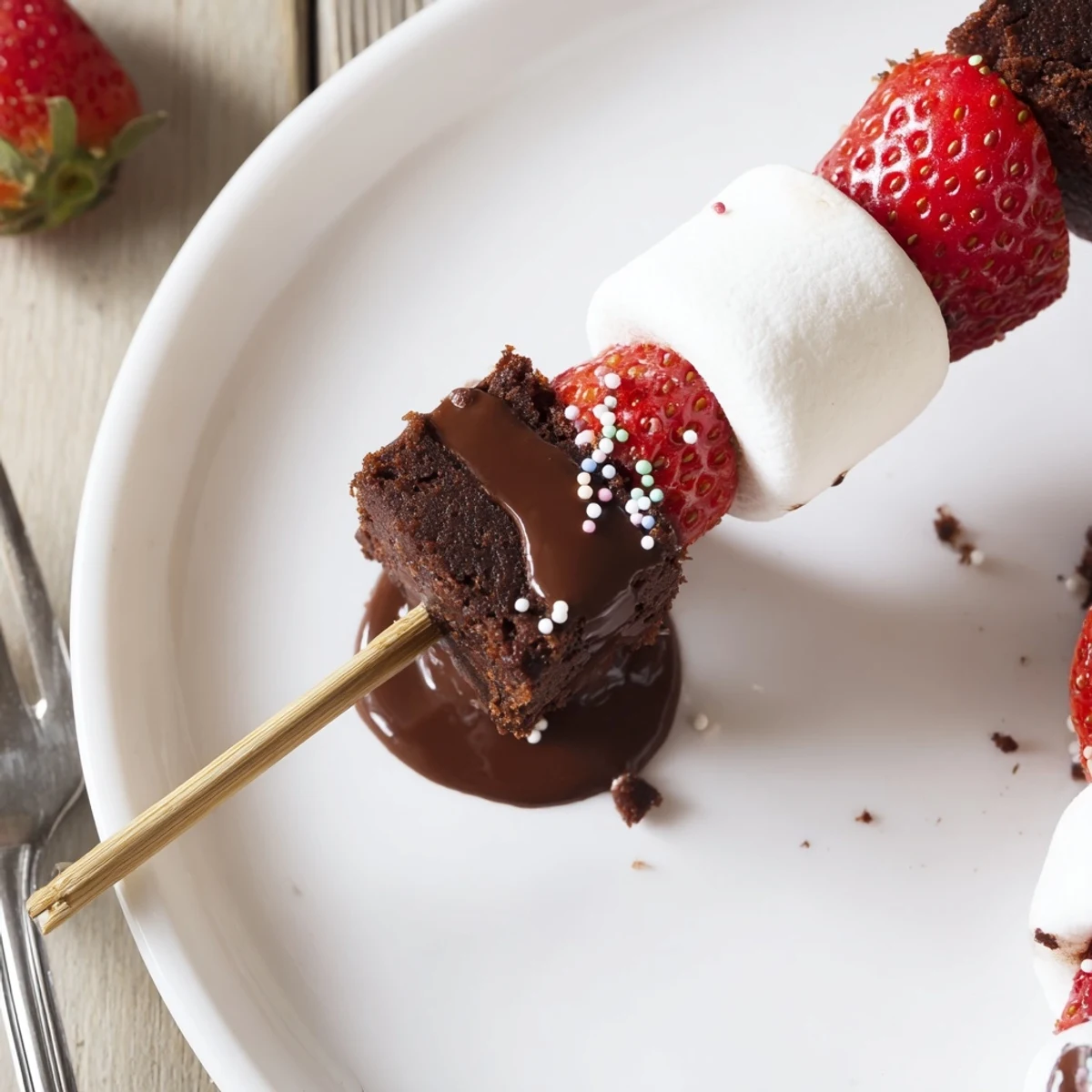 Sweet Strawberry Brownie Kabobs arranged on platter, fudgy brownies, glossy chocolate drizzle