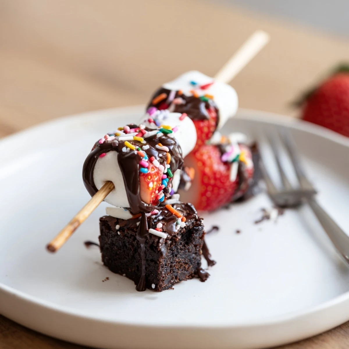 Family-style Sweet Strawberry Brownie Kabobs served warm with chocolate sauce for dipping