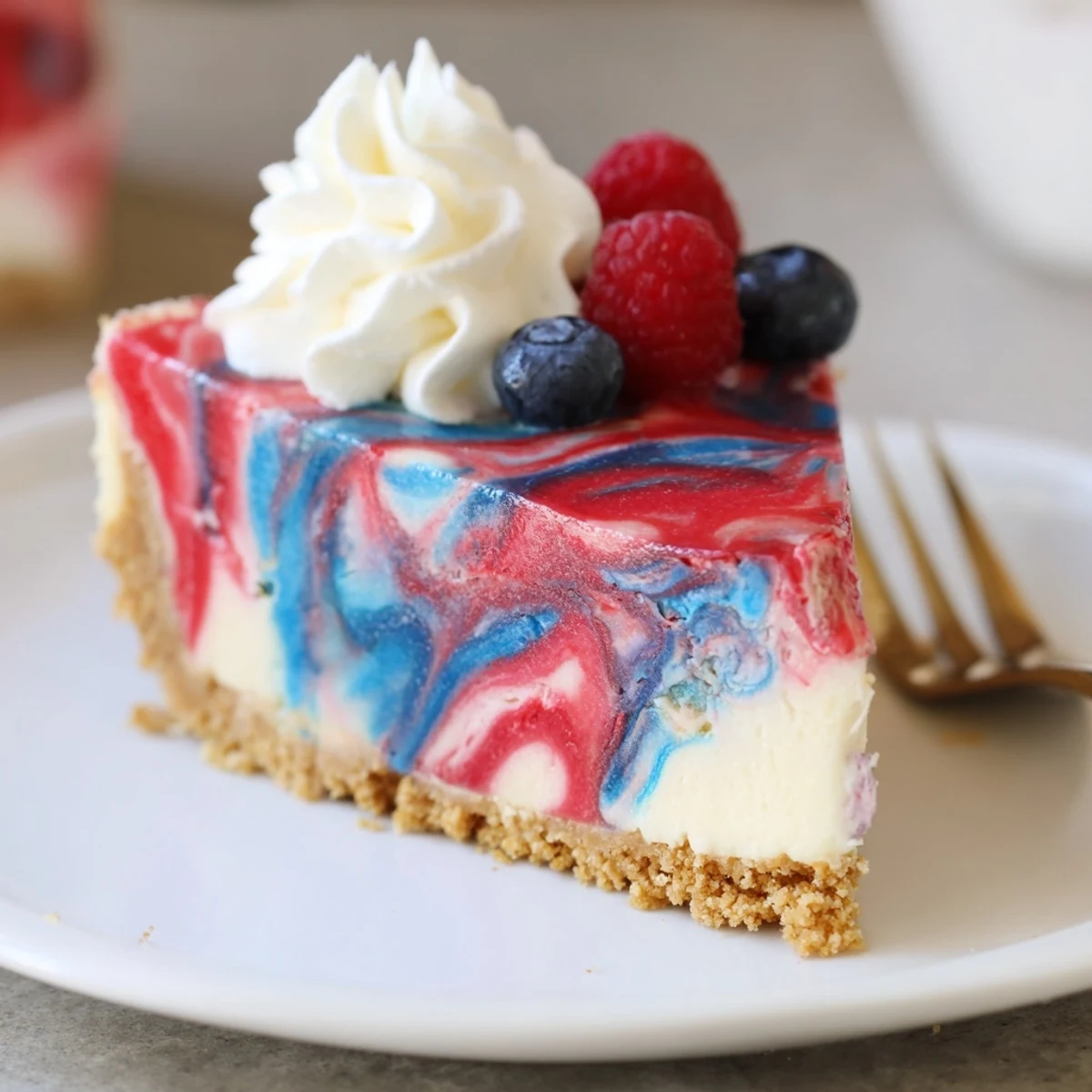 Patriotic Swirl Cheesecake with glossy red and blue marbling, sliced on plate