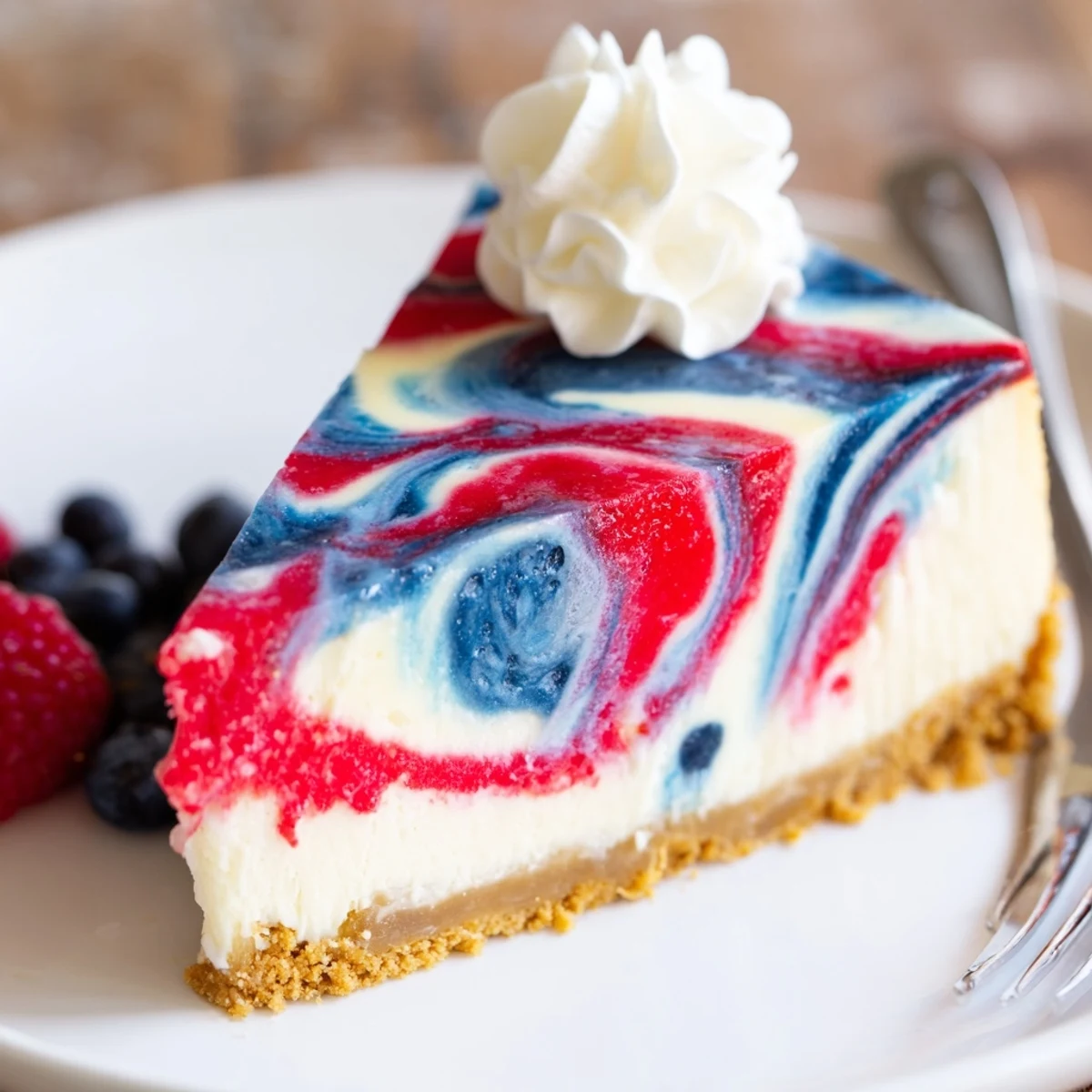 A chilled Patriotic Swirl Cheesecake topped with whipped cream and berries
