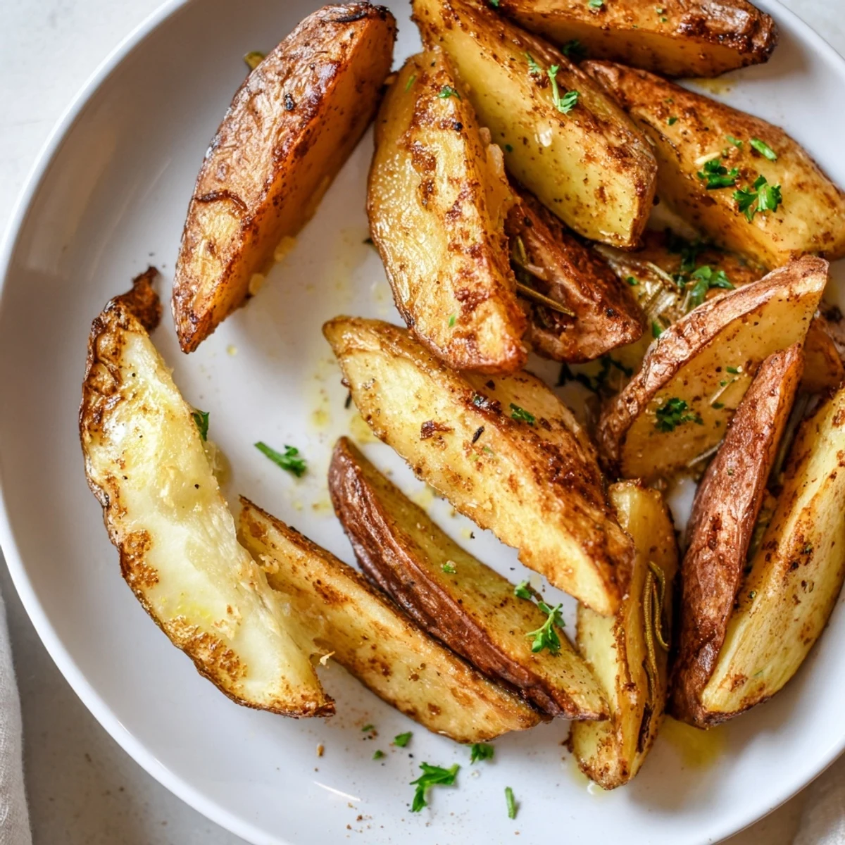Crispy-skinned Potato Wedges on parchment, sprinkled parsley, ideal with ketchup