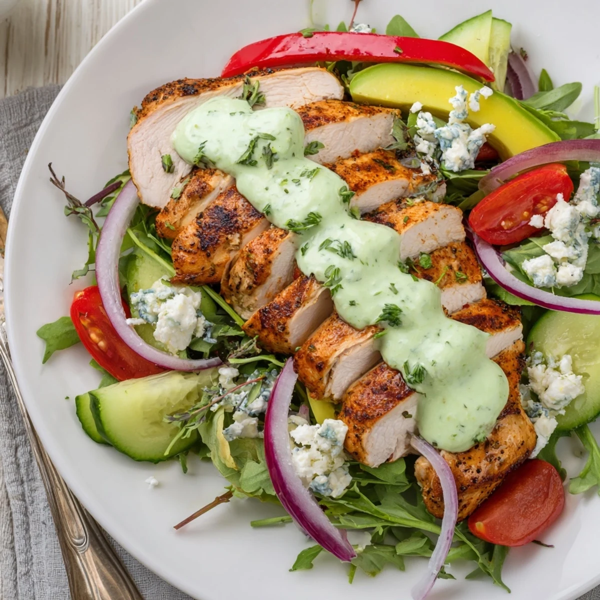 Crisp vegetables and creamy avocado top Grilled Chicken Salad Avocado Herb Dressing Recipe