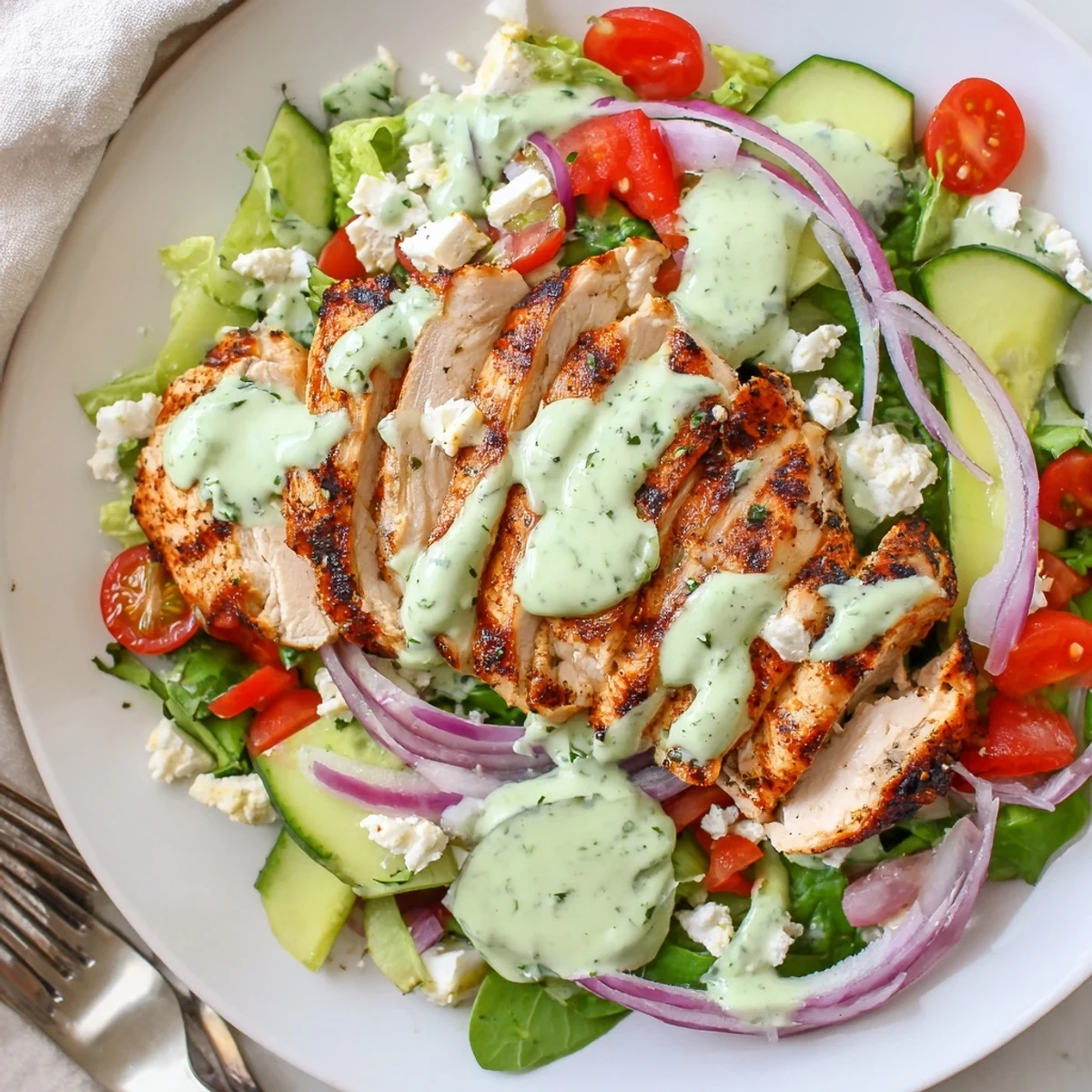 Grilled Chicken Salad Avocado Herb Dressing Recipe shows juicy charred chicken over greens