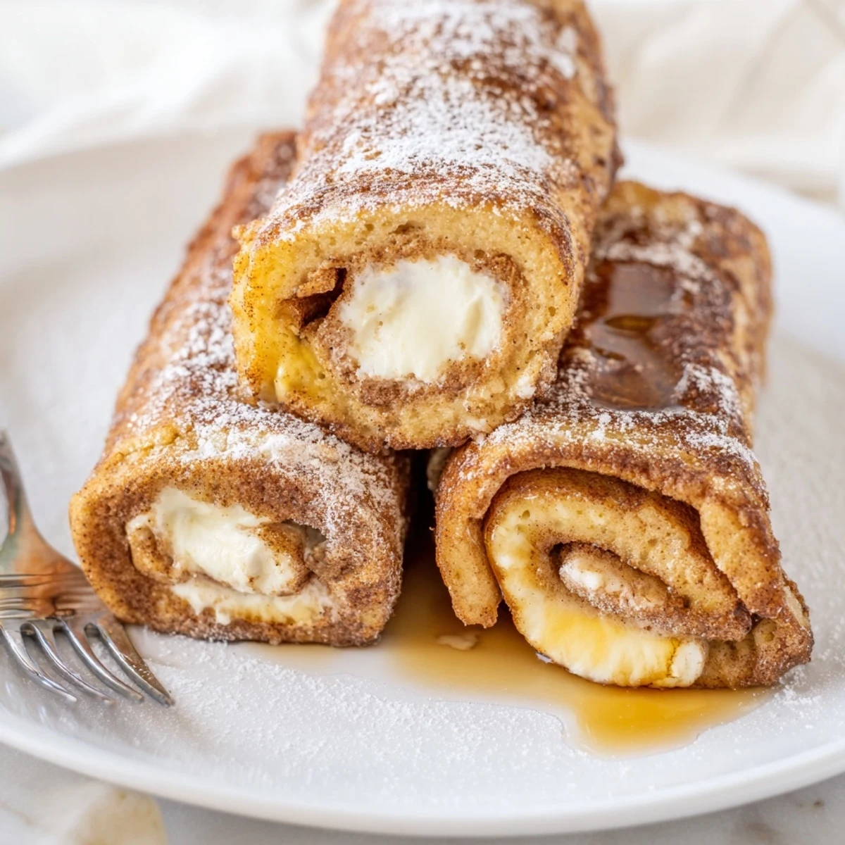 Cinnamon Roll French Toast Roll Ups plated warm, gooey cream cheese centers.