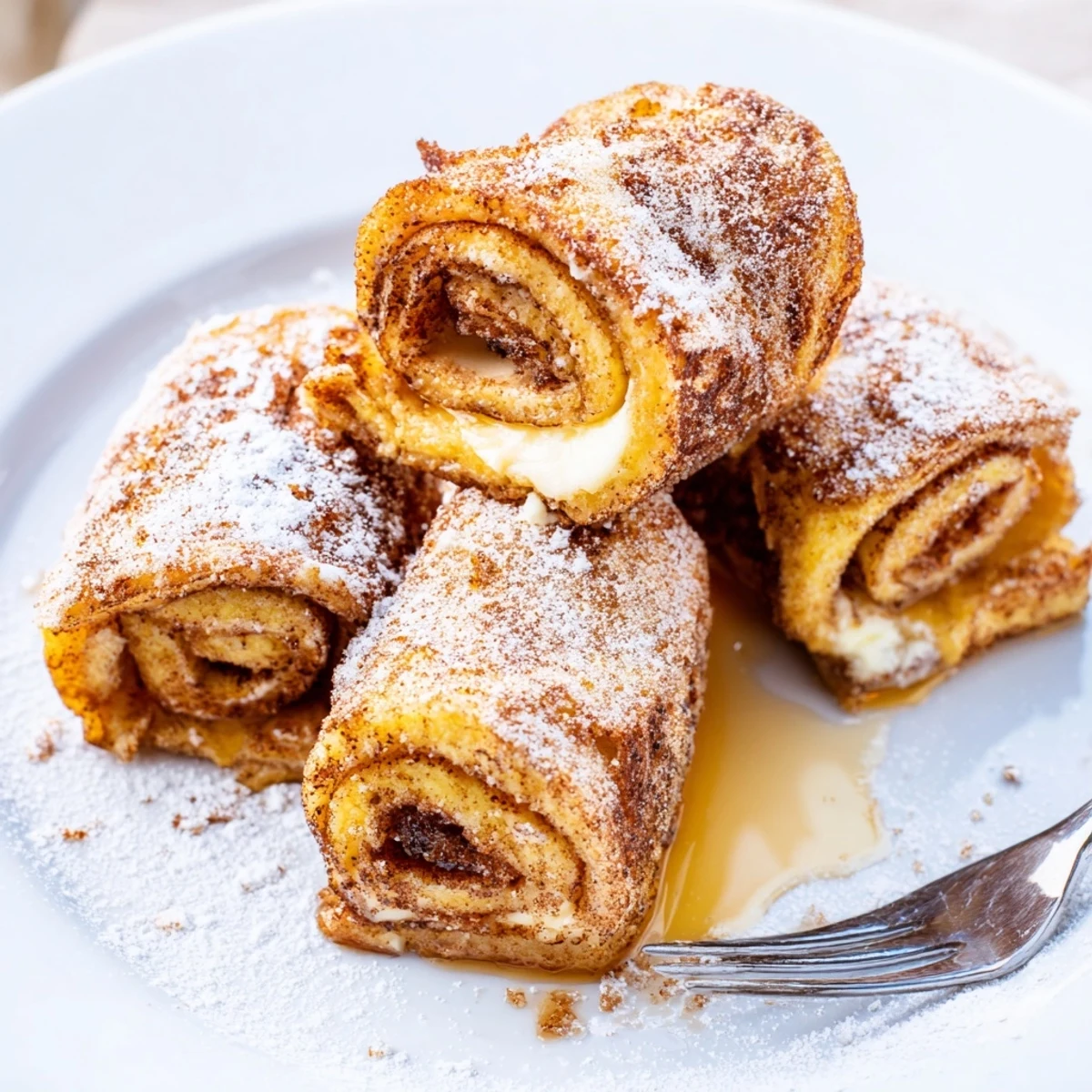 Skillet-browned Cinnamon Roll French Toast Roll Ups dusted with powdered sugar.