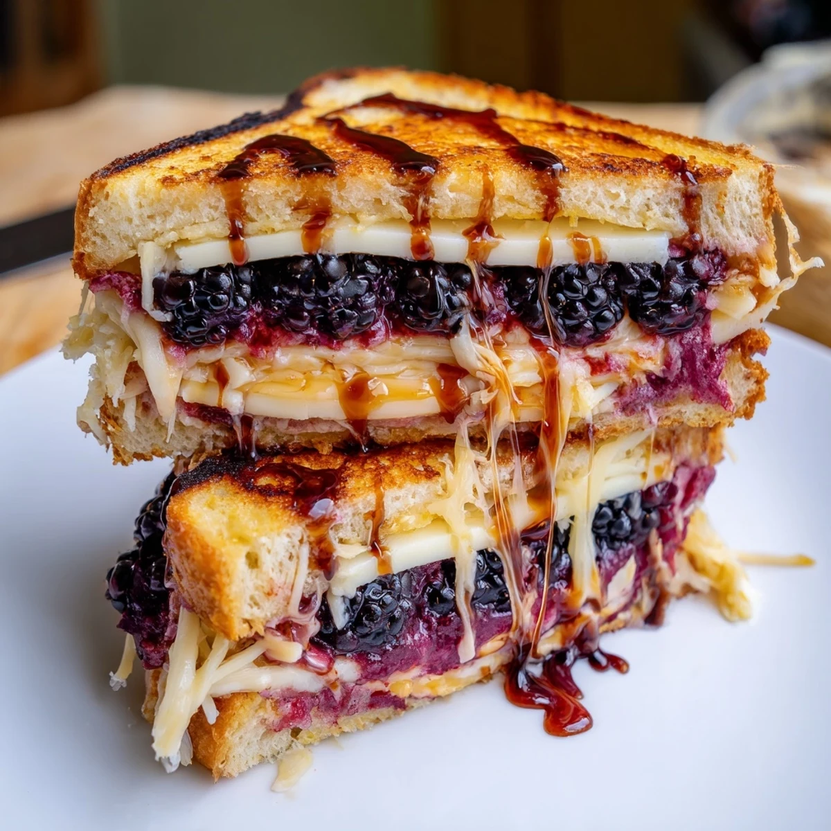 Warm Balsamic Blackberry Bliss Grilled Cheese sliced, juicy berries, honey balsamic drizzle