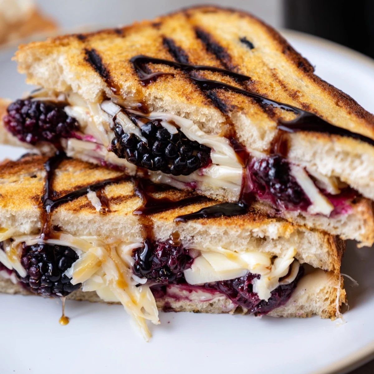 Balsamic Blackberry Bliss Grilled Cheese oozing melted brie, toasted sourdough, glossy glaze
