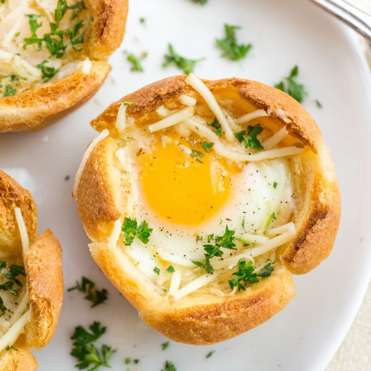 Warm Lazy Garlic Bread Egg Cups cooling in muffin tin, golden edges