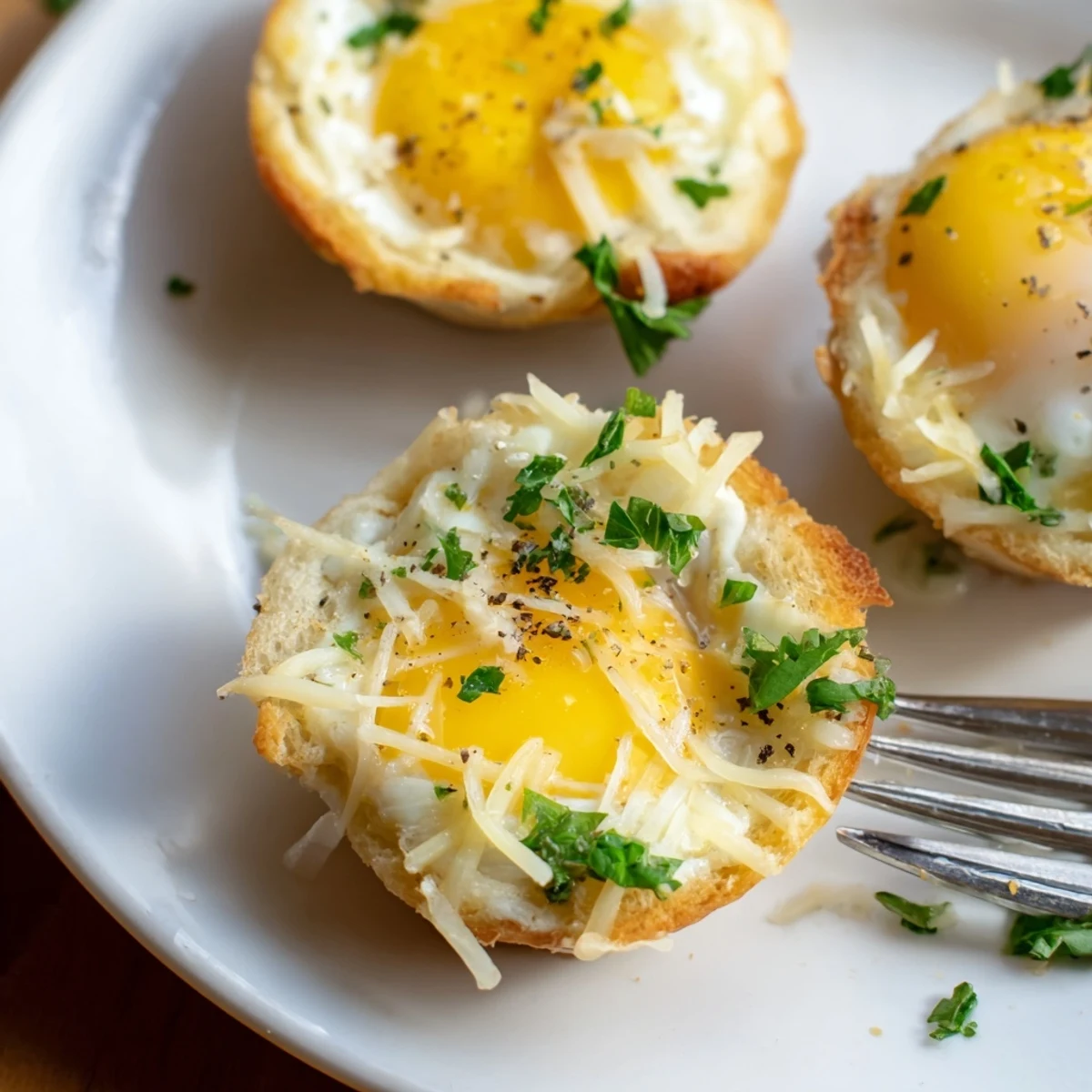 Close-up of Lazy Garlic Bread Egg Cups with runny yolks and parsley