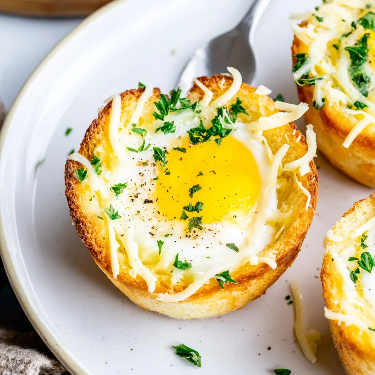 Six Lazy Garlic Bread Egg Cups served warm on plate, crisp crusts