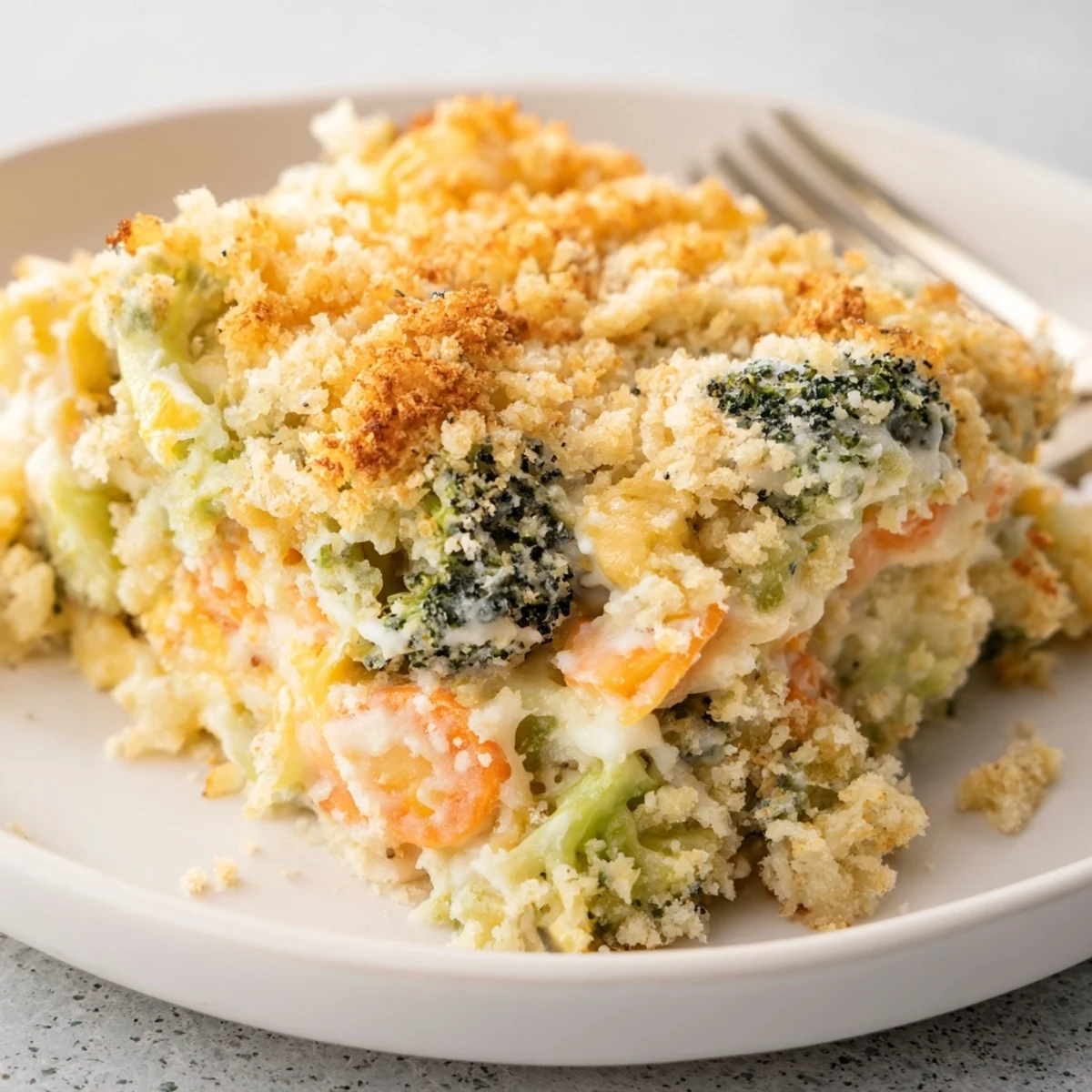 Creamy Cheese Bake Broccoli Carrots served warm beside roasted chicken for dinner  