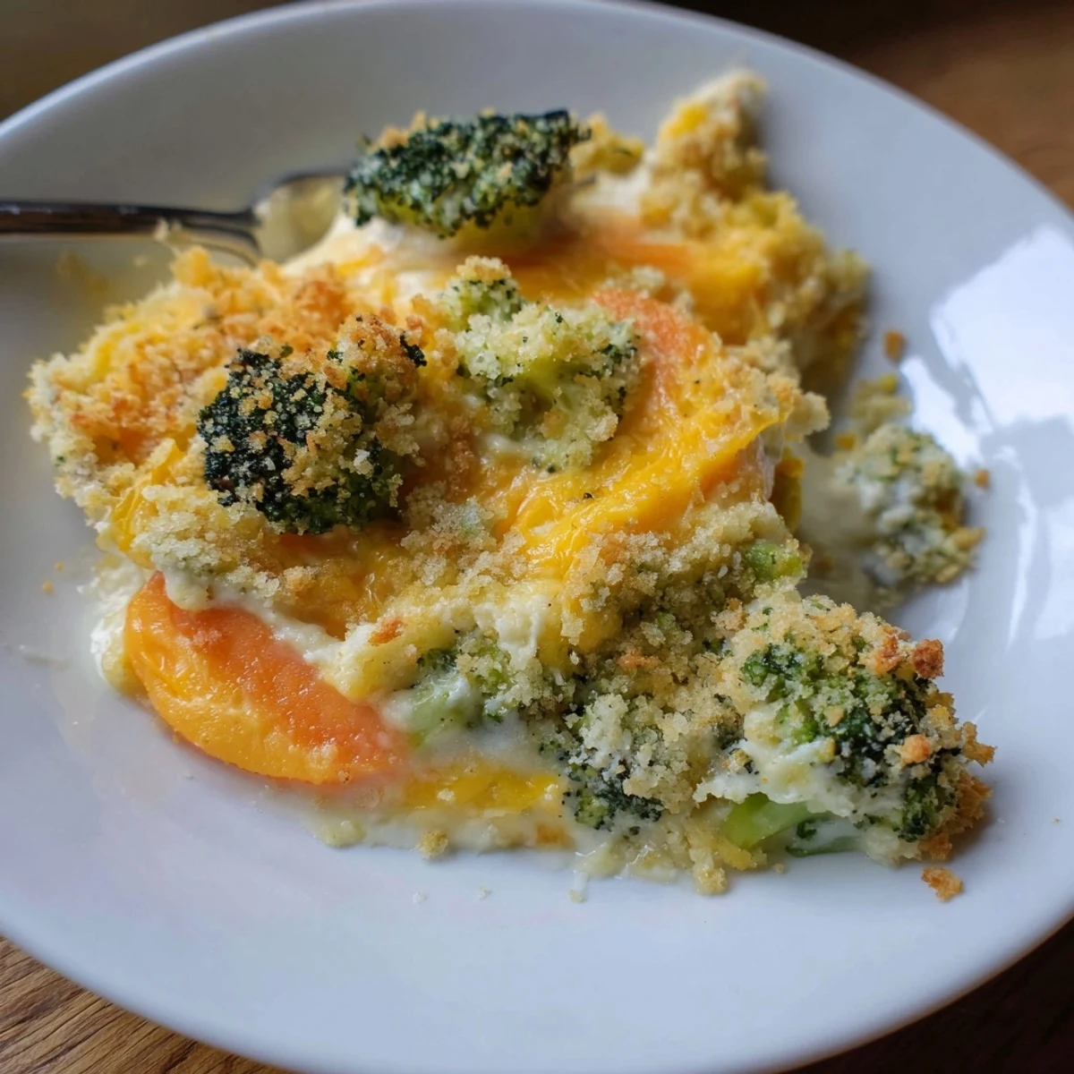 Golden bubbly Cheese Bake Broccoli Carrots with crispy panko topping, steaming  