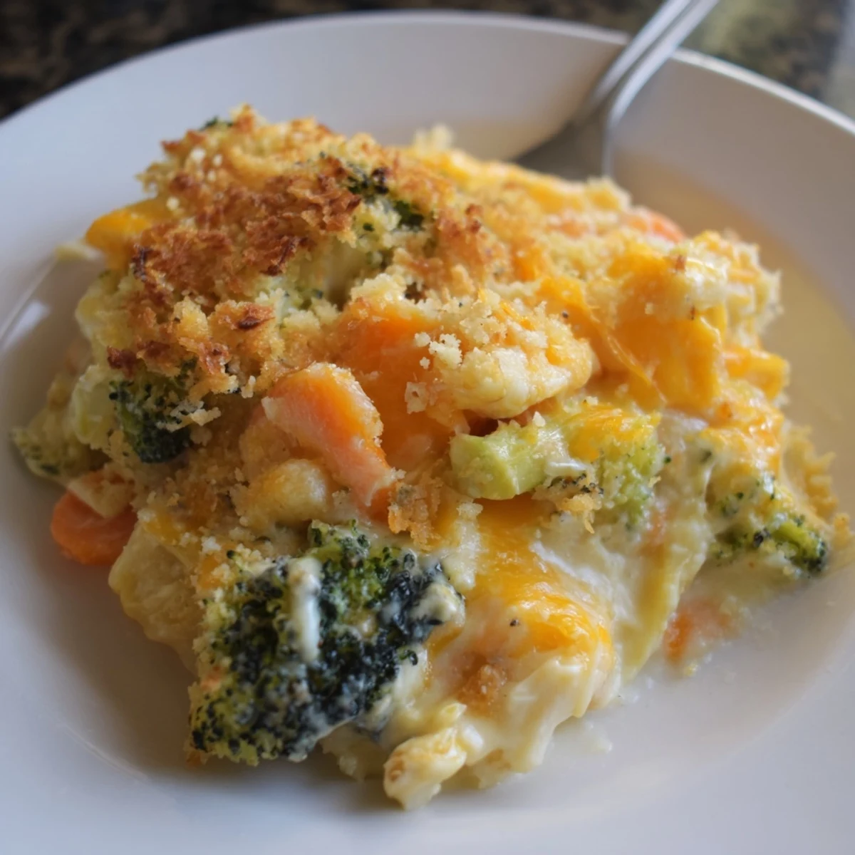Velvety cheddar Cheese Bake Broccoli Carrots smelling of garlic and melted butter