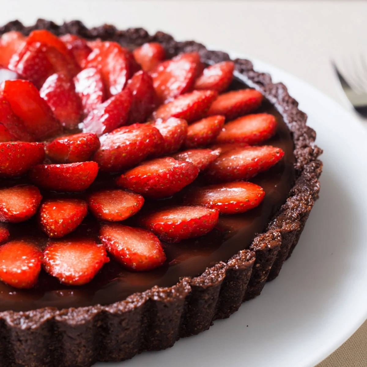 Sliced Dark Chocolate Strawberry Tart glistening with apricot glaze, served with fork