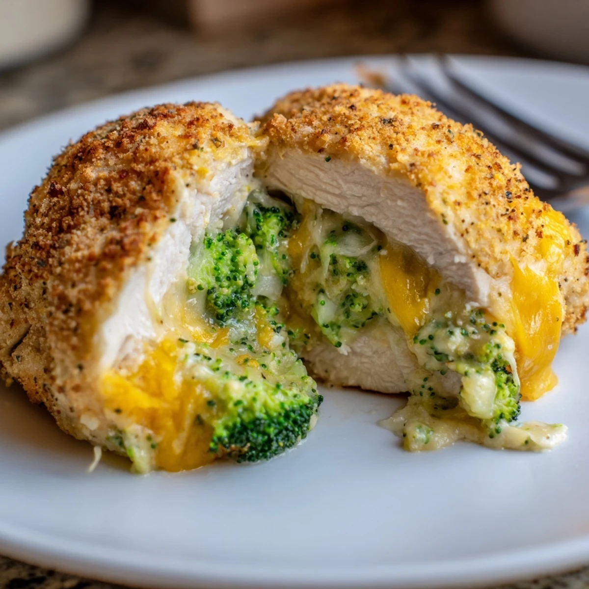 Tender sliced chicken shows Broccoli Cheese Stuffed Chicken Breast with creamy broccoli-cheddar center