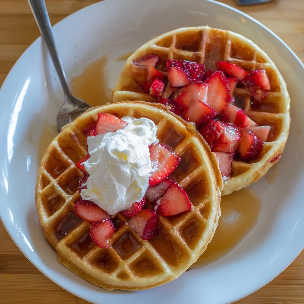 Strawberry Waffles Recipe with golden crispy edges, fluffy inside, fresh strawberries.