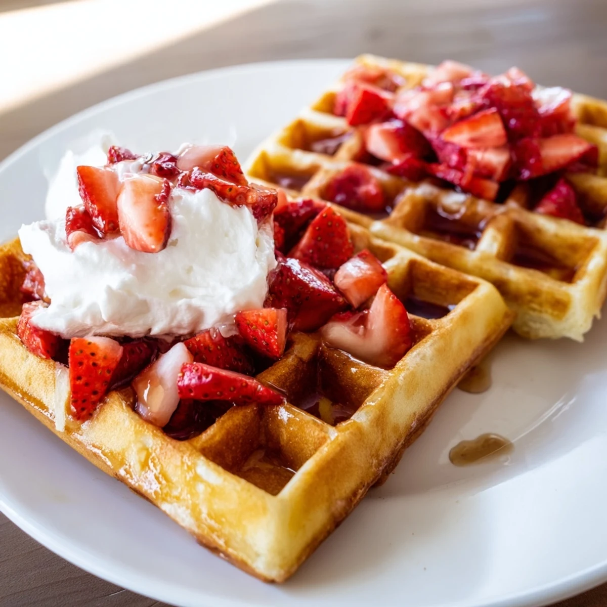 Warm Strawberry Waffles Recipe served with whipped cream, maple syrup drizzle.