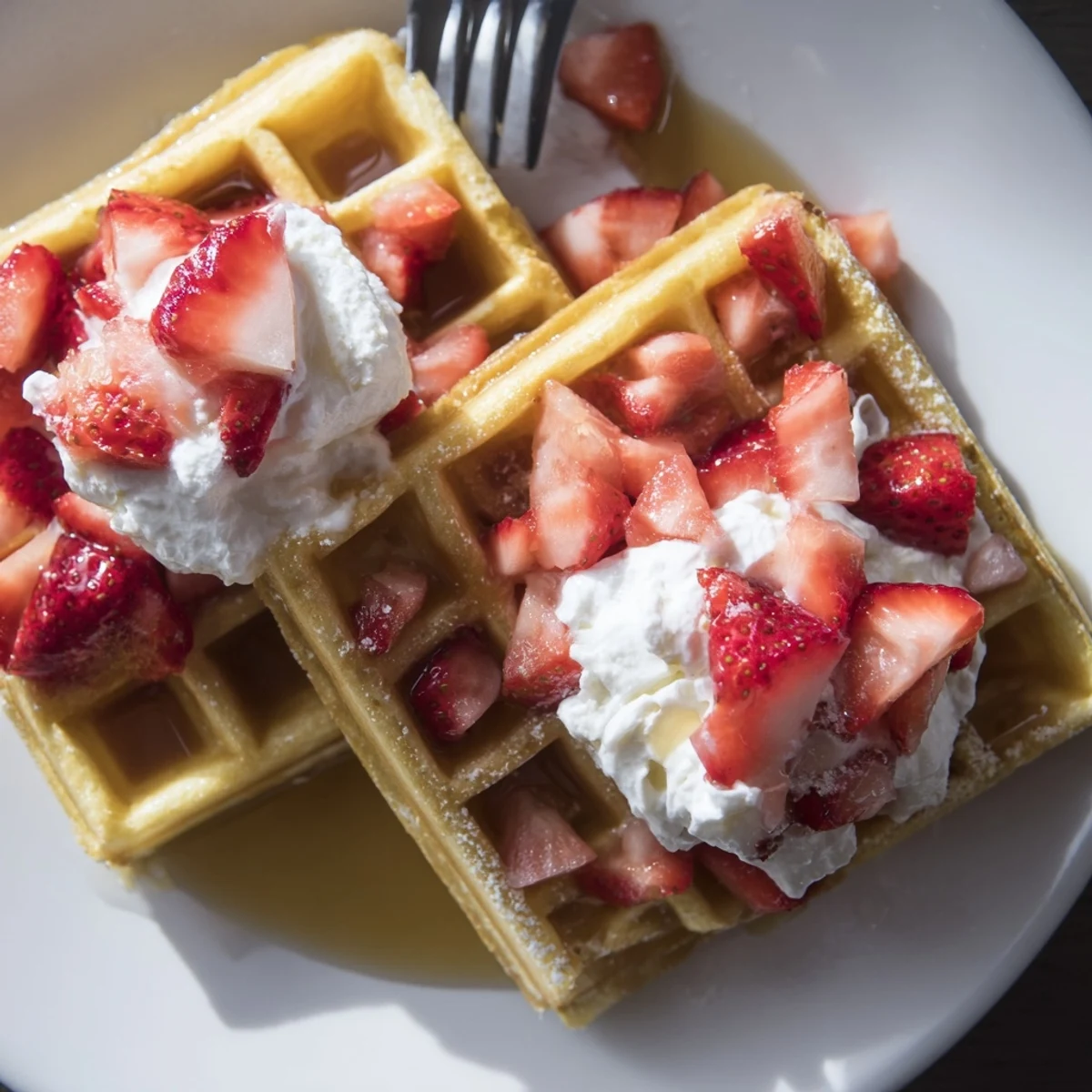 Homestyle Strawberry Waffles Recipe folded with diced berries, hot from waffle iron.