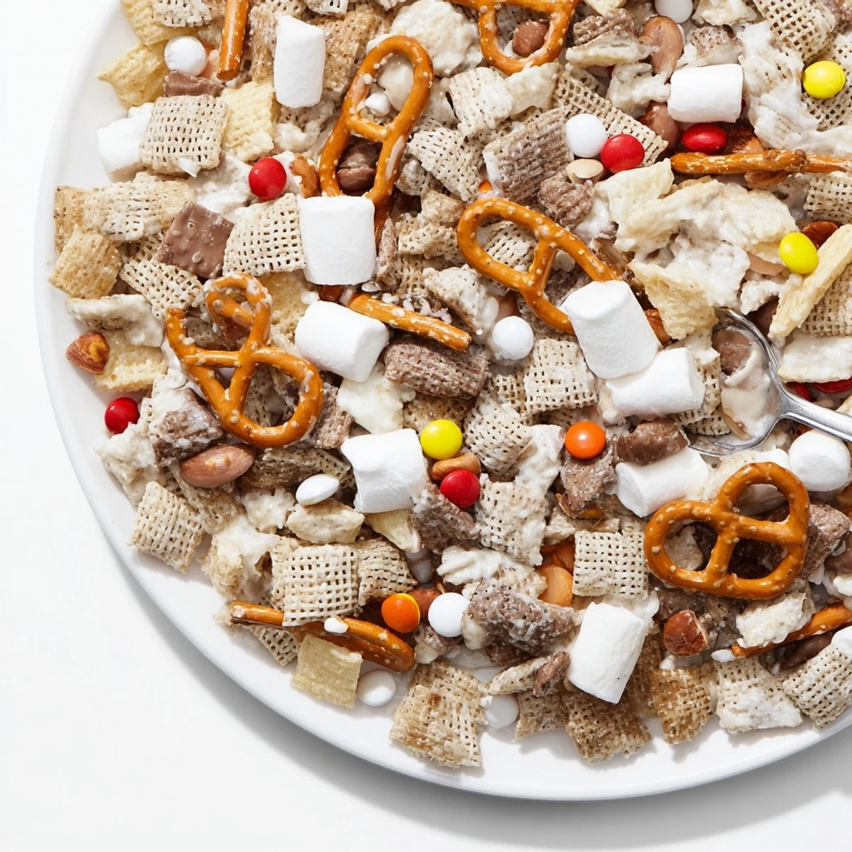 White Trash Snack Mix piled on parchment, glossy white chocolate coating, crunchy