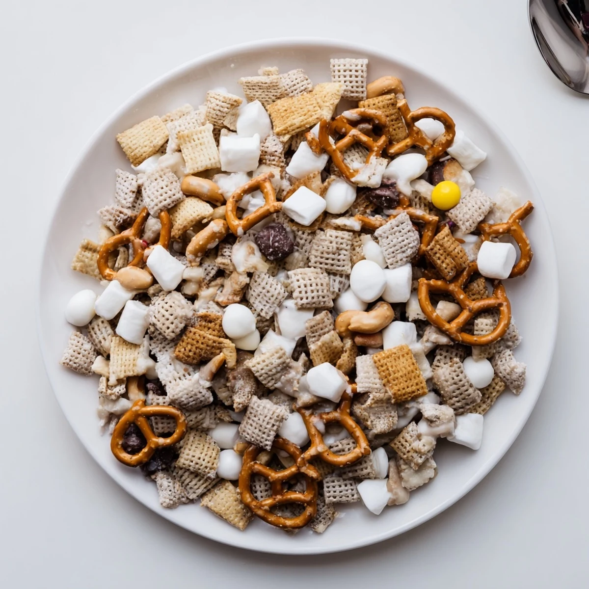Broken clusters of White Trash Snack Mix ready for party bowls, sweet-salty