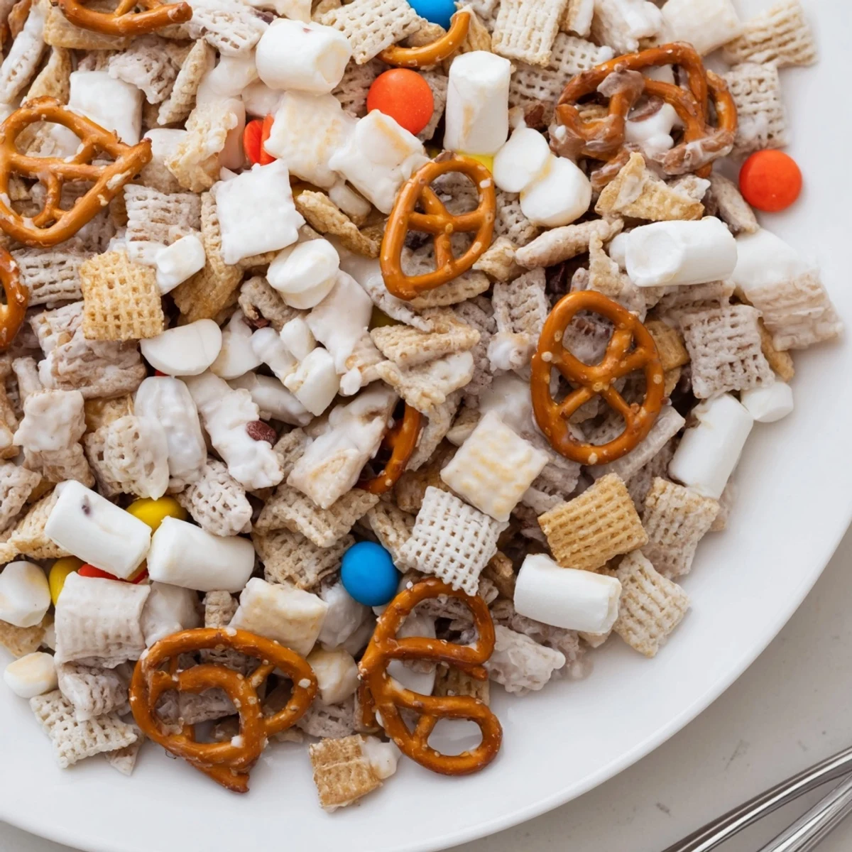 Bowl of White Trash Snack Mix with colorful candies and toasted peanuts