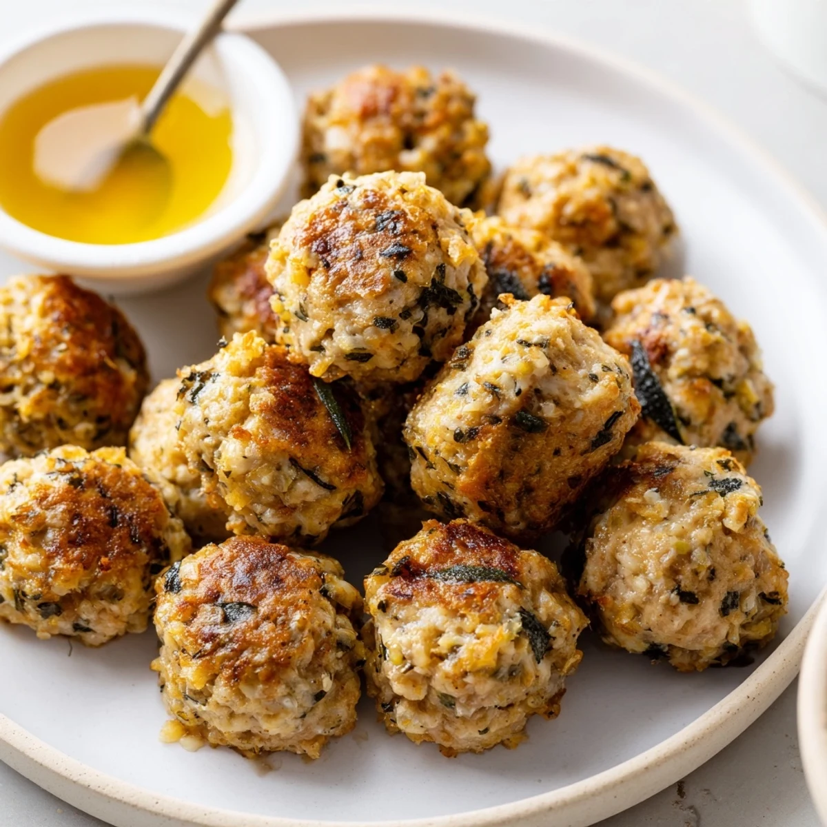 Sage Onion Chicken Balls nestled on platter, juicy centers and crisp edges.