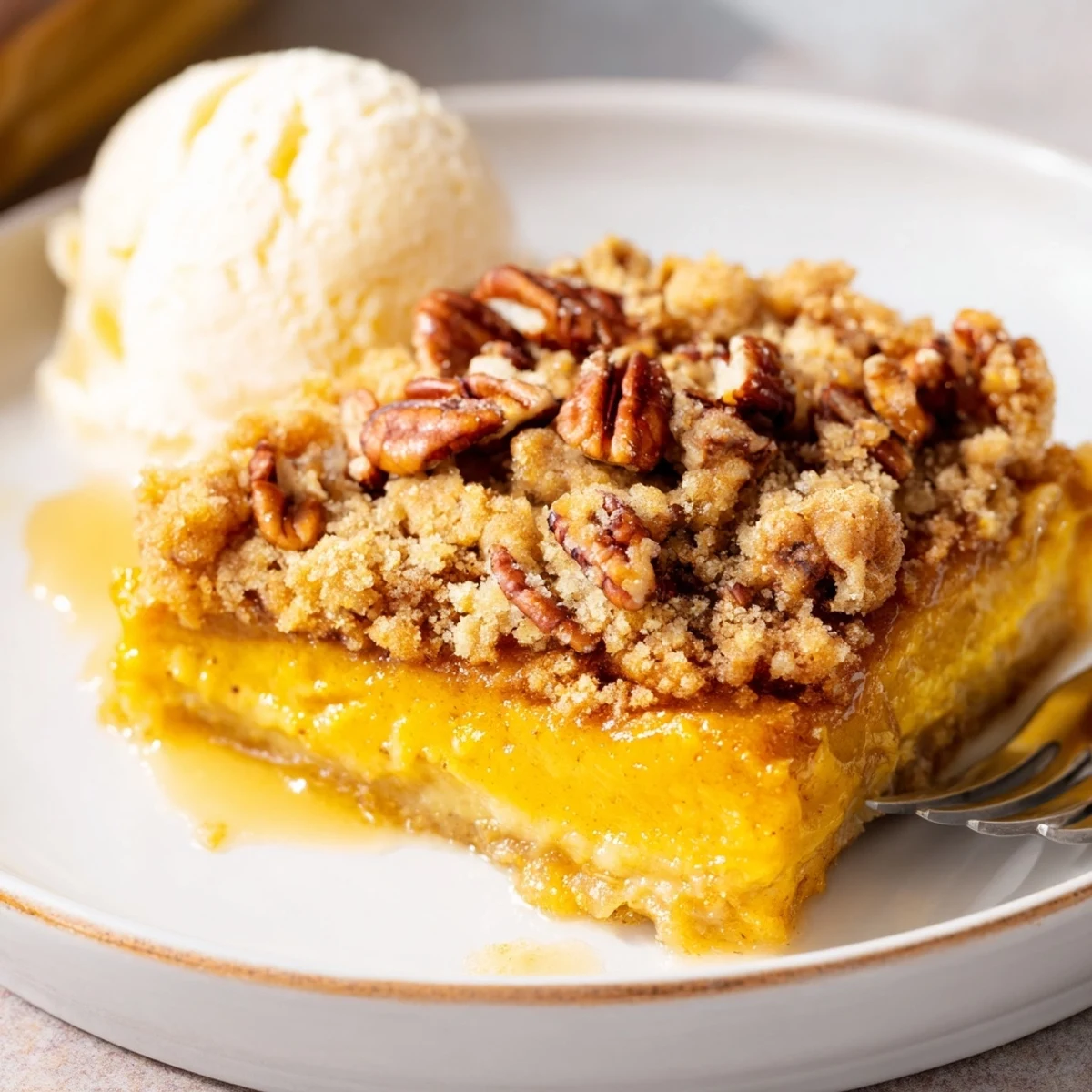 Warm Pumpkin Dump Cake bubbling with spiced pumpkin and crunchy pecan topping