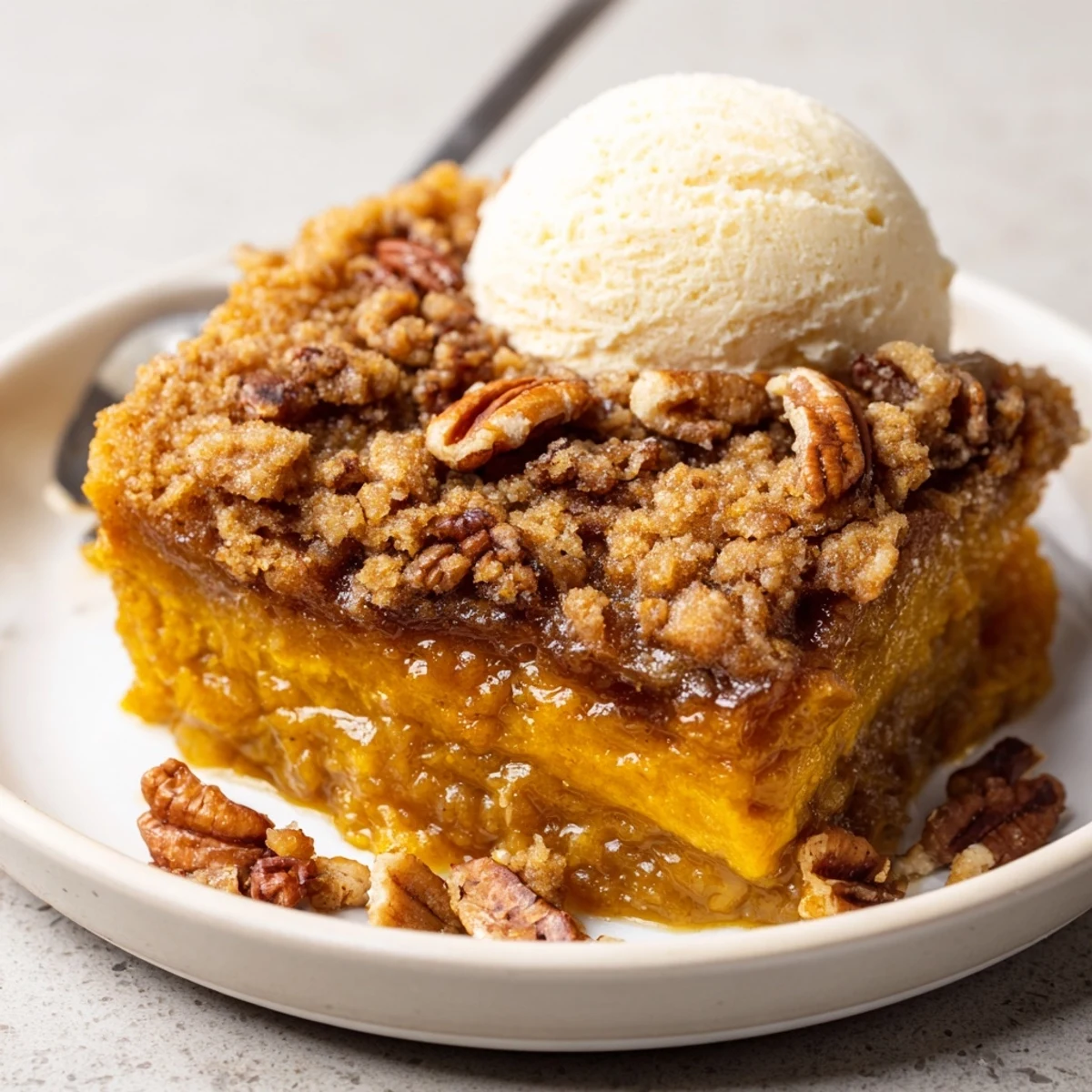 Slice of Pumpkin Dump Cake on plate, steam rising, vanilla ice cream