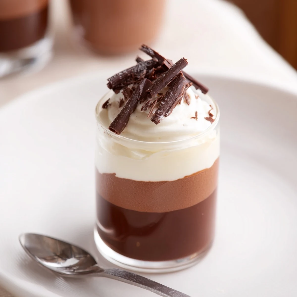 Triple Chocolate Mousse Cups layered in glasses with glossy swirls and shavings.