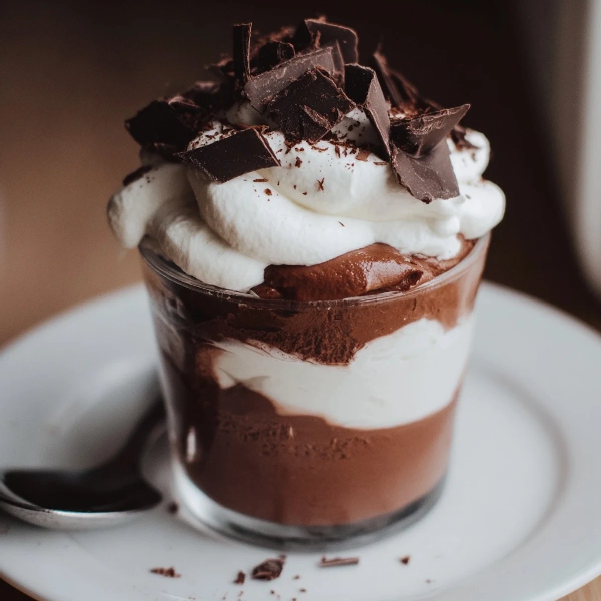 Decadent Triple Chocolate Mousse Cups topped with shaved chocolate, ready to spoon.