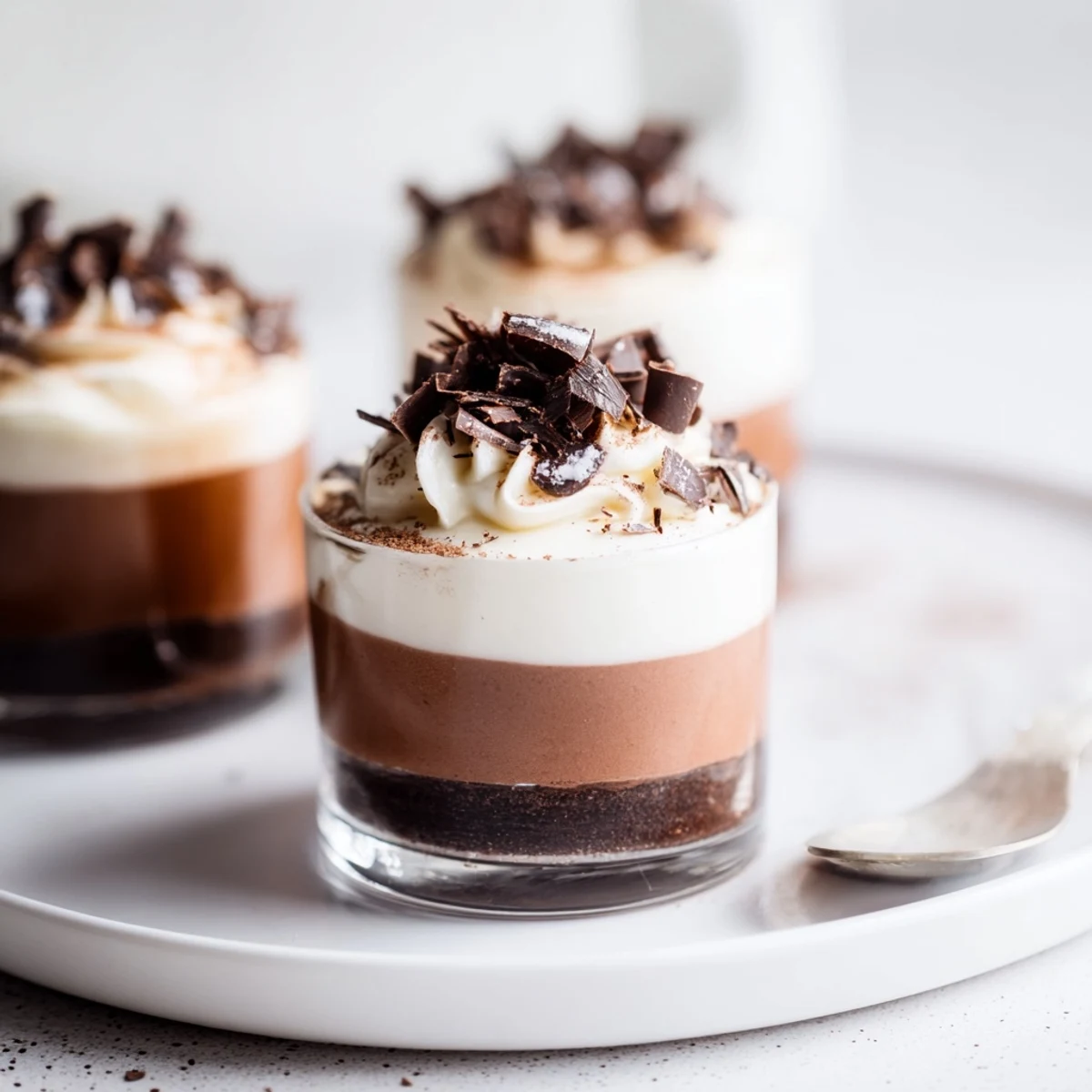 Chilled Triple Chocolate Mousse Cups showing dark, milk, and white silky layers.