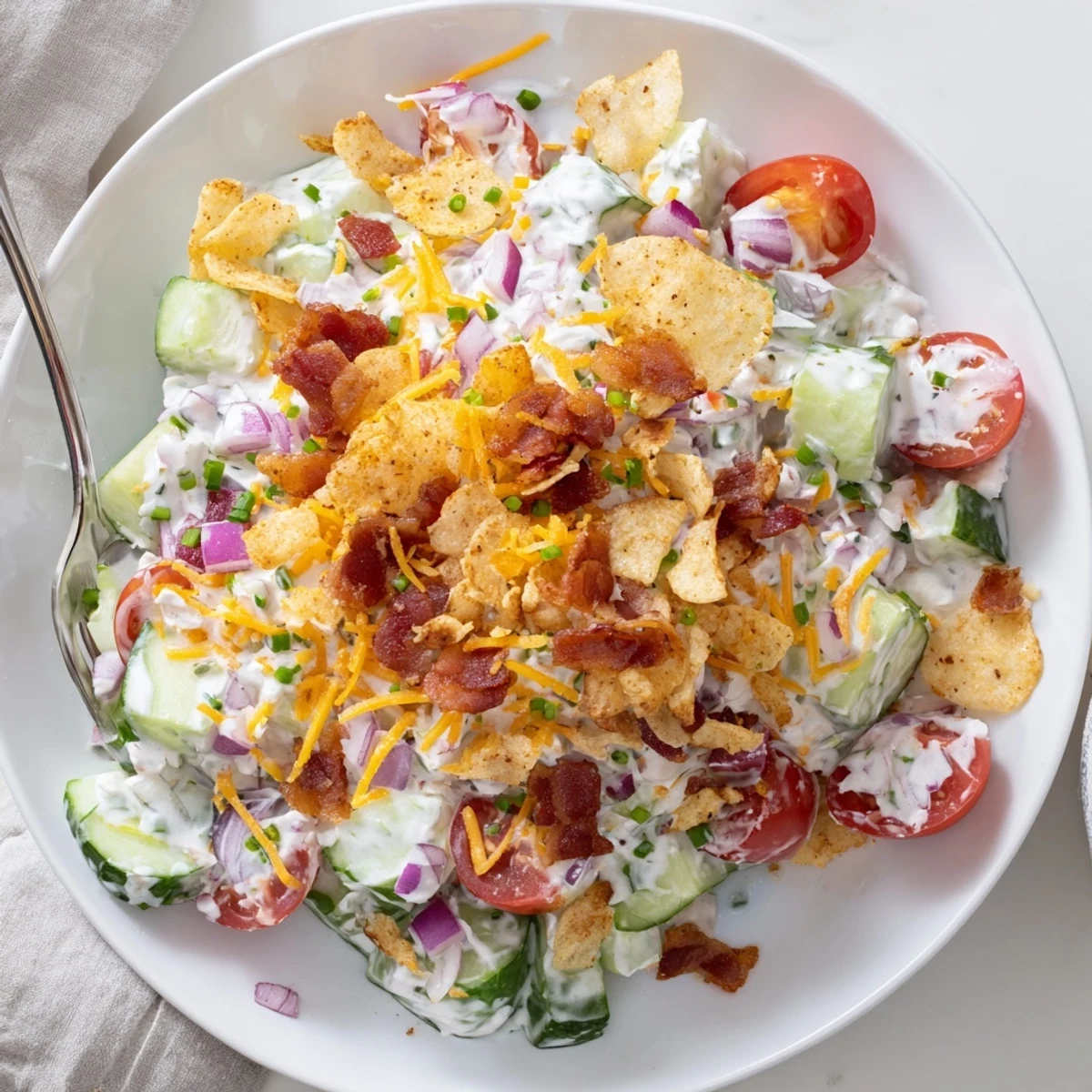 Potluck-ready Cucumber Ranch Crack Salad piled high with diced cucumbers and chives.