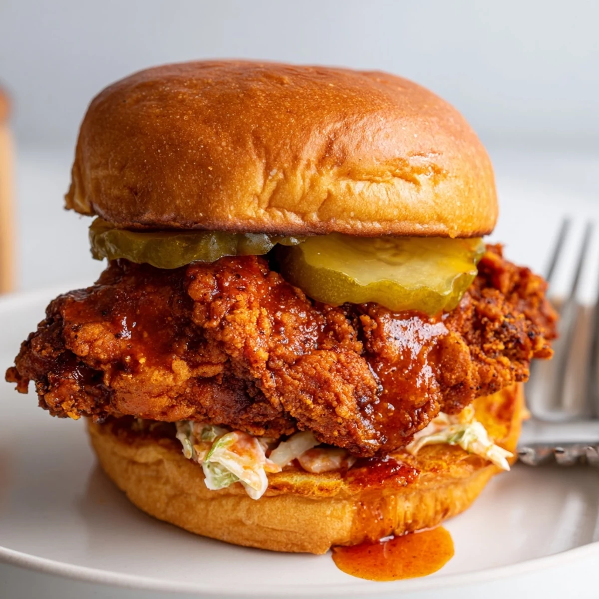 Spicy Nashville Hot Chicken Sandwiches piled on toasted brioche with crunchy pickles.