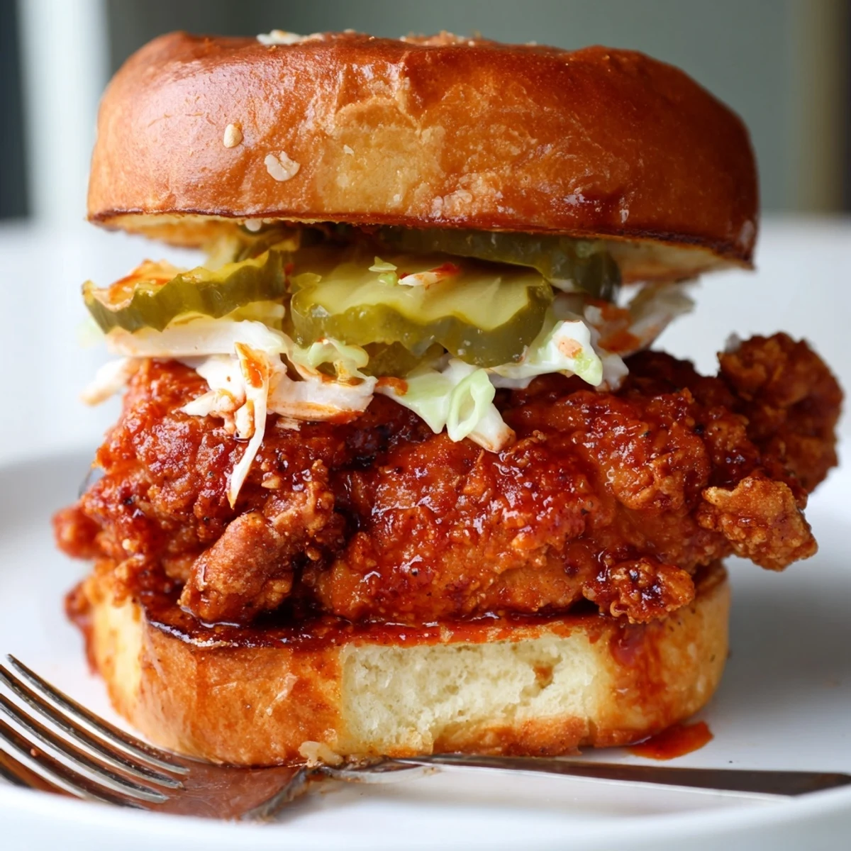Crispy Spicy Nashville Hot Chicken Sandwiches brushed with hot oil and creamy coleslaw.