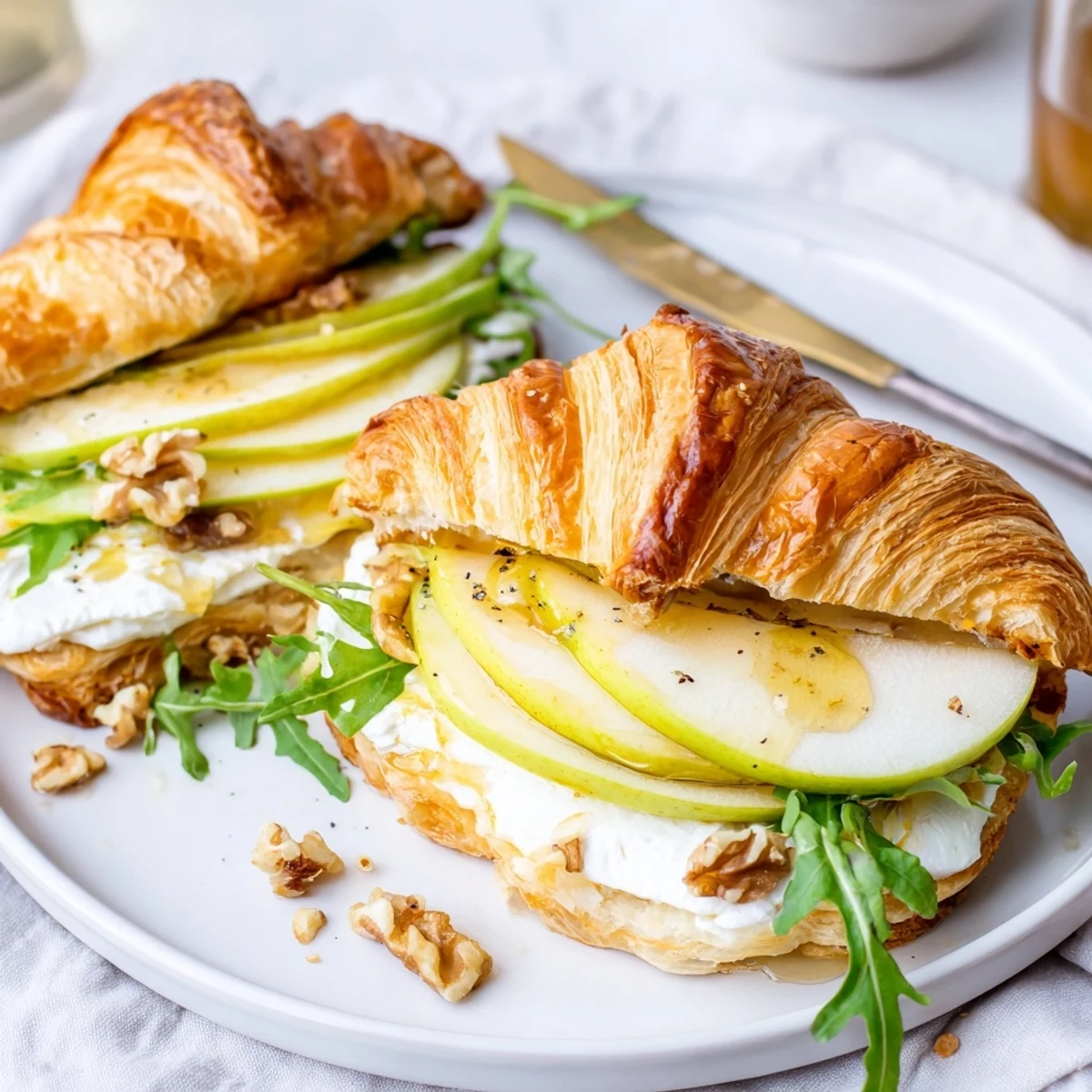 Apple Goat Cheese Croissant Sandwich layered with crisp apple, tangy cheese, arugula