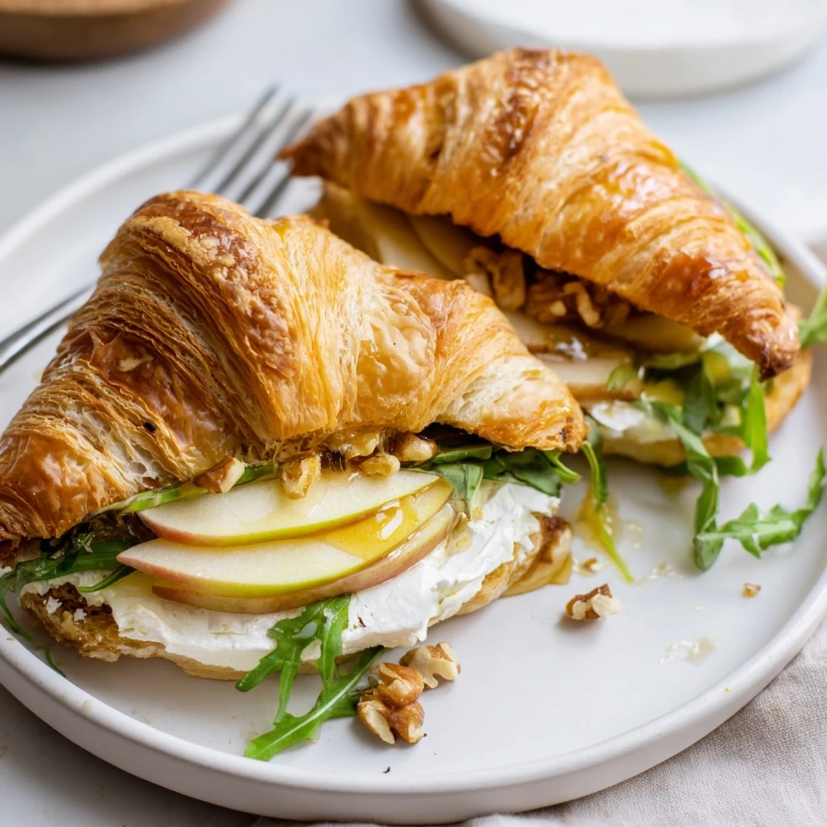 Open faced Apple Goat Cheese Croissant Sandwich drizzled with honey, toasted walnut crunch